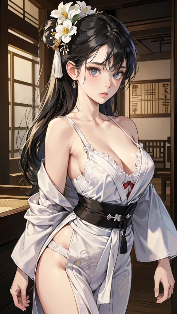 (perfect anatomy:1.2)(absurdres, highres, ultra detailed),masterpiece,best quality,high resolution,8k,Realistic face,Realistic skin texture,magnified textures, stunning clarity,(ultra detailed eyes and face),(1 girl:1.5),,black hair,messy bun,pale skin, mysterious eyes,(White flower-patterned yukata with a brooch exposed1.4)(thin fabrik),,thin body type,big breasts,black (satin bra:1.2),(black fundoshi:1.2),(surprised:1.2)Steampunk in the meiji Period、night、Lobby of Japanese Ryokan、hieroglyph,Ancient Egyptian statues,look at viewer,(from front:1.3),Delicate atmosphere、,cowboy shot,