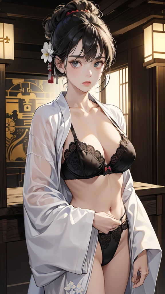 (perfect anatomy:1.2)(absurdres, highres, ultra detailed),masterpiece,best quality,high resolution,8k,Realistic face,Realistic skin texture,magnified textures, stunning clarity,(ultra detailed eyes and face),(1 girl:1.5),,black hair,messy bun,pale skin, mysterious eyes,(White flower-patterned yukata with a brooch exposed1.4)(thin fabrik),,thin body type,big breasts,black (satin bra:1.2),(black fundoshi:1.2),(surprised:1.2)Steampunk in the meiji Period、night、Lobby of Japanese Ryokan、hieroglyph,Ancient Egyptian statues,look at viewer,(from front:1.3),Delicate atmosphere、,cowboy shot,