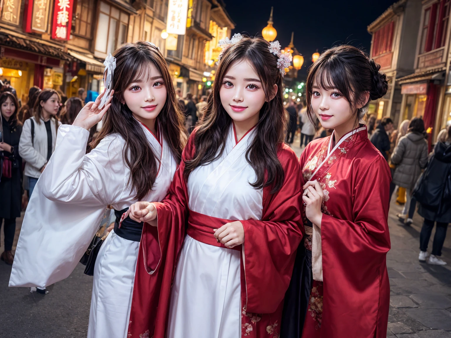 idole kpop: 1.2, mélanger4, 1 fille coréenne, 14 ans, (sourcils clairs: 1.4), yeux marron brillants, Tête de chignon, attaché deux tresses, ville antique, temple chinois, Haute montagne, Beau ciel détaillé, rue (foule:1.2), nuit, (nez rougir), hanfu, heureux, sourire
