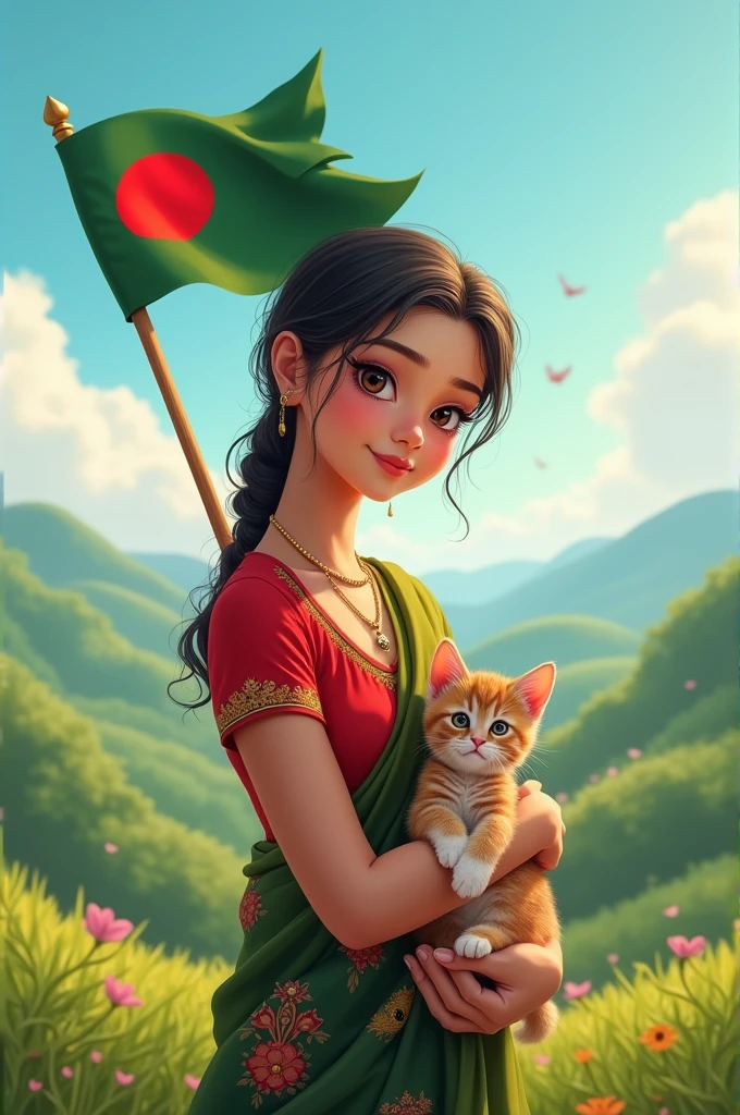 A Bangladeshi beautiful cute standing with a flag in her hand, a cute kitten on her lap,