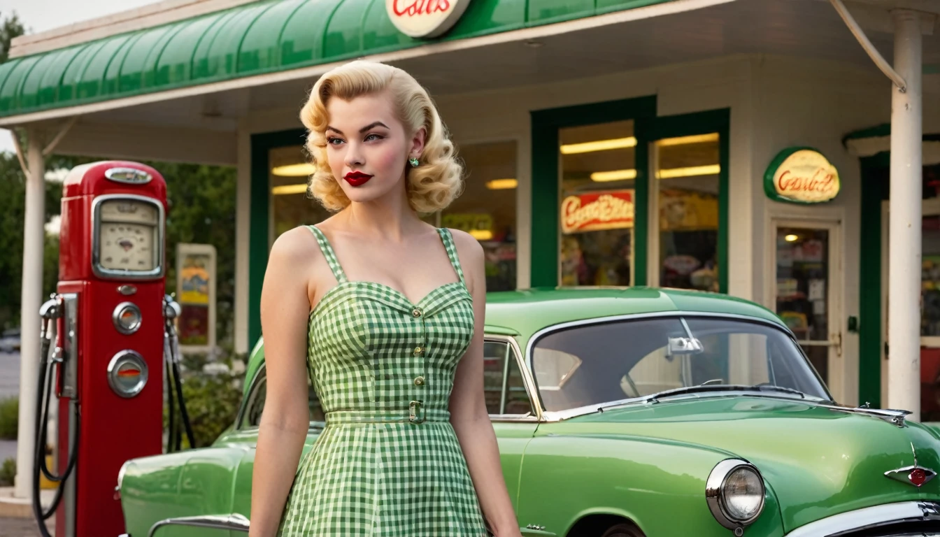  ultra-detailed, photorealistic, A beautiful young blonde woman with vintage 1950s style pinup stands confidently in front of a classic green car at a retro gas station. She wears a form-fitting, yellow gingham dress that accentuates her figure, complemented by red lipstick and elegant, curled blonde hair. The gas station has a nostalgic feel, with green and cream accents and a classic gas pump. The night sky above is clear, adding a serene ambiance to the scene. The overall mood is nostalgic and glamorous, capturing the essence of mid-20th-century Americana. perfect face, Ultra realistic photo, vibrant colors, 16k