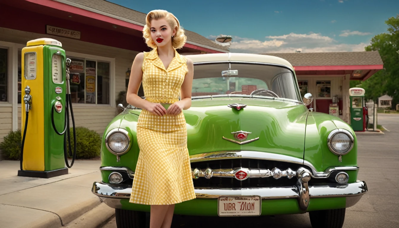 ultra-detailed, photorealistic, A beautiful young blonde woman with vintage 1950s style pinup stands confidently in front of a classic green car at a retro gas station. She wears a form-fitting, yellow gingham dress that accentuates her figure, complemented by red lipstick and elegant, curled blonde hair. The gas station has a nostalgic feel, with green and cream accents and a classic gas pump. The night sky above is clear, adding a serene ambiance to the scene. The overall mood is nostalgic and glamorous, capturing the essence of mid-20th-century Americana. perfect face, Ultra realistic photo, vibrant colors, 16k