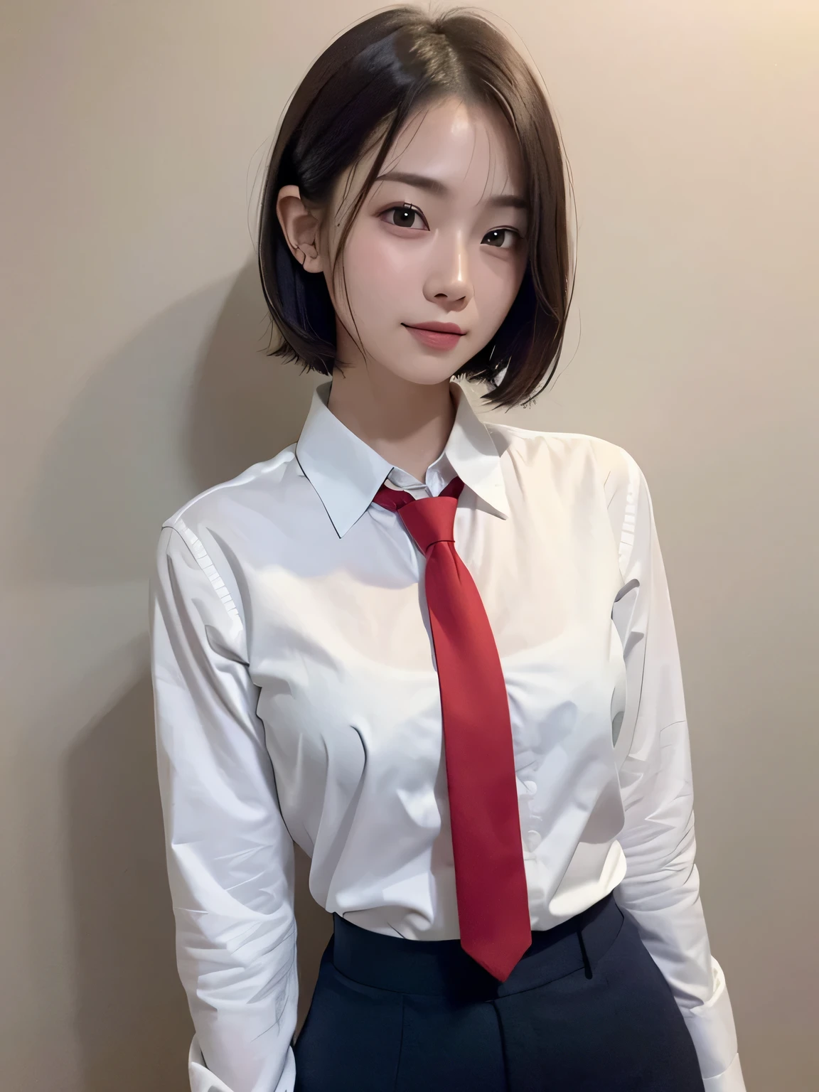 (Highest quality、8k、32K、masterpiece、Hmph:1.2)、(masterpiece, Highest quality), Realistic photos, high school girl、、Short Bob Cut、Instagram, Bright colors, High Dynamic Contrast, Slender figure、thin、Small, shapely breasts、One ray Hair, Purple eyes, Lips parted, blush, compensate, A light smile, Red tie、White shirt、Navy blue exy、Sweat, Wet, light, Shine, Tight waist, (masterpiece), wallpaper,