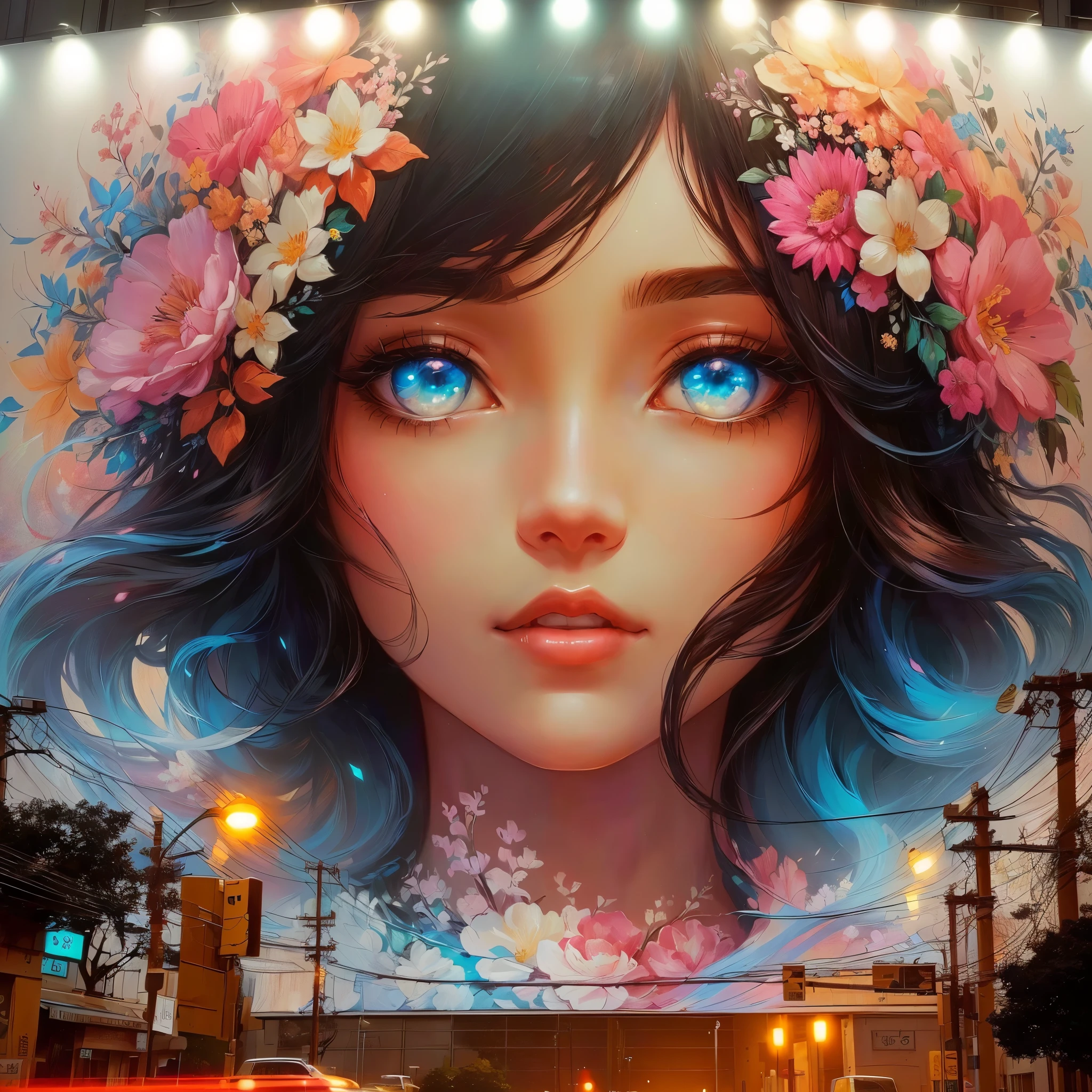 There is a large painting,The woman in the painting is wearing flowers in her hair., Beautiful art UHD 4K, street art 8 k, 4k highly detailed digital art, Beeple 和 Jeremiah Ketner, Anime Art Wallpaper 4K, Anime Art Wallpaper 4K, Anime style 4k, 4k detailed digital art, Beautiful digital artwork, anime art wallpaper 8 k