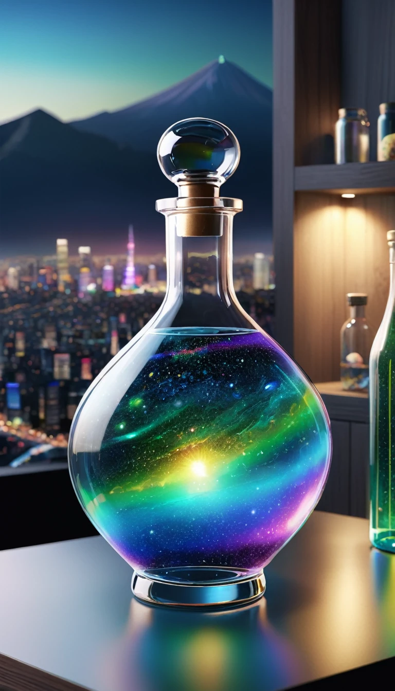 (masterpiece, Highest quality, Very detailed:1.2, Realistic, super photoRealistic, Realistic illustration, 8k), Professional Color Grading, Sharp focus, Professional Lighting, Depth of written boundary, ((landscape)), ((Science fiction movies)), ((Concept Art)) Bottle close-up, A rainbow-coloured world in a bottle、Glitter and shine、City in a glass bottle, filling glass bottle with the sparkling 星が輝く夜 and city, filling glass bottle with the 日没 view, Many glass bottles on the shelf, The shelves are kept in the house, 16K, Ultra-high resolution, Ultra-high resolution, to be born,wonderful ,future、Iridescent、The world 30 years from now。