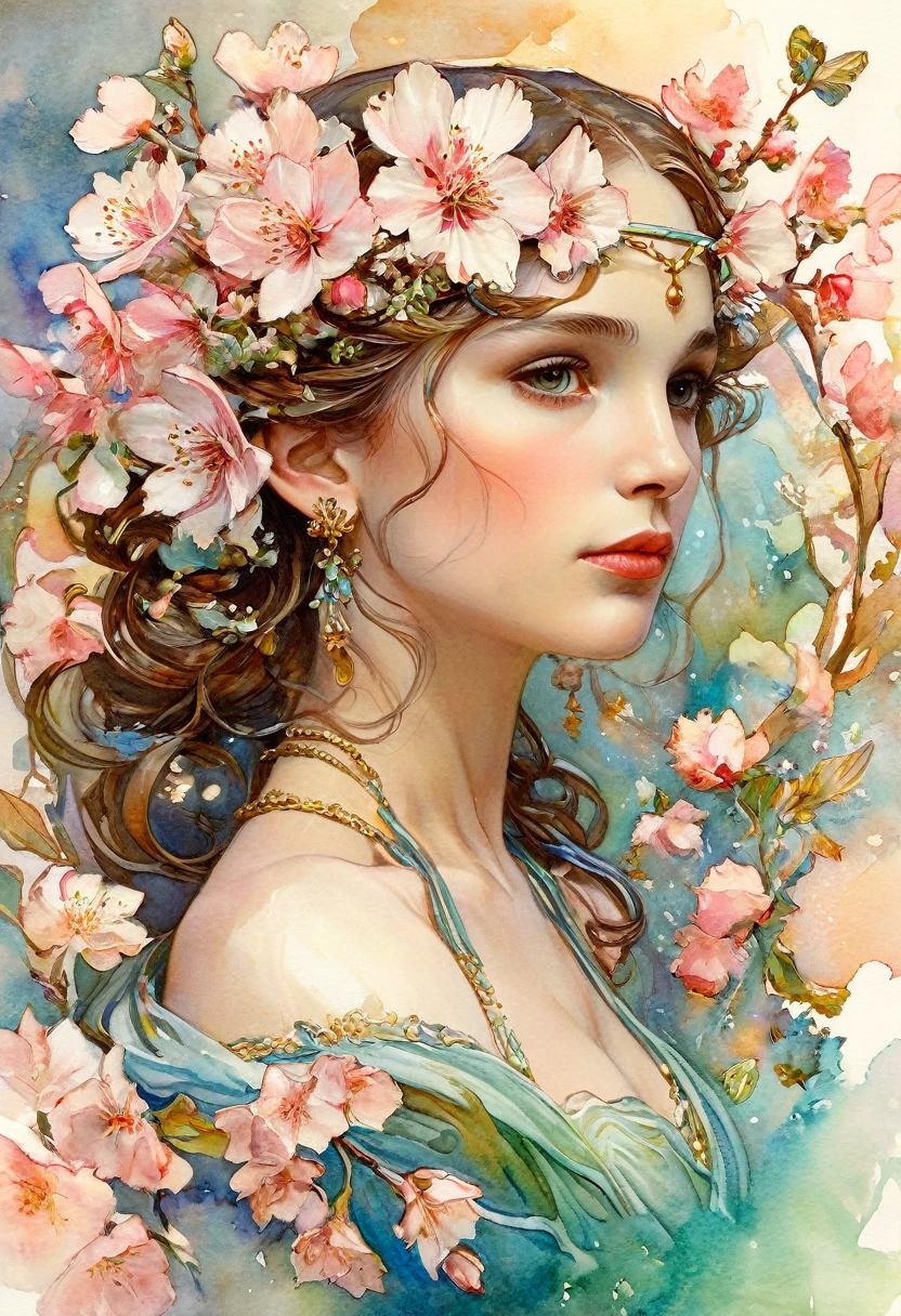 It depicts a beautiful woman with cherry blossoms in her hair., (Natalie Portman:1.2), extremely detailed watercolor, The style of Alfons Maria Mucha and Gustav Kilmut, Art Nouveau accents, Fairy Queen, Anthropomorphic woman, Female figure, Detailed cover artwork, As the Goddess of Spring, Alphonse Mucha, Gustav Klimt, Pale skin, Marble sculpture, society, Gothic art, Art Nouveau, Behance Contest Winner