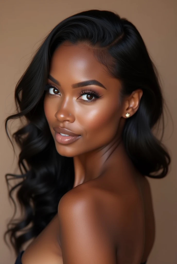 Elle a une peau d'un magnifique ton chocolat, lisse et éclatante. Son visage est délicat, avec des traits bien dessinés : des yeux brillants et expressifs qui attirent l'attention, des sourcils bien dessinés et des lèvres pulpeuses qui se courbent souvent en un sourire chaleureux. Ses cheveux, crépus et volumineux, tombent en boucles naturelles autour de son visage, ajoutant à son charme.

Sa silhouette est voluptueuse, avec une taille fine qui accentue ses courbes généreuses. Ses seins sont pleins et bien proportionnés, mettant en valeur sa féminité. Ses hanches sont larges et se terminent par des fesses bien rondes, qui lui donnent une allure à la fois séduisante et élégante. Elle dégage une confiance en soi qui attire les regards et laisse une impression durable. Elle est devant la télé au salon 