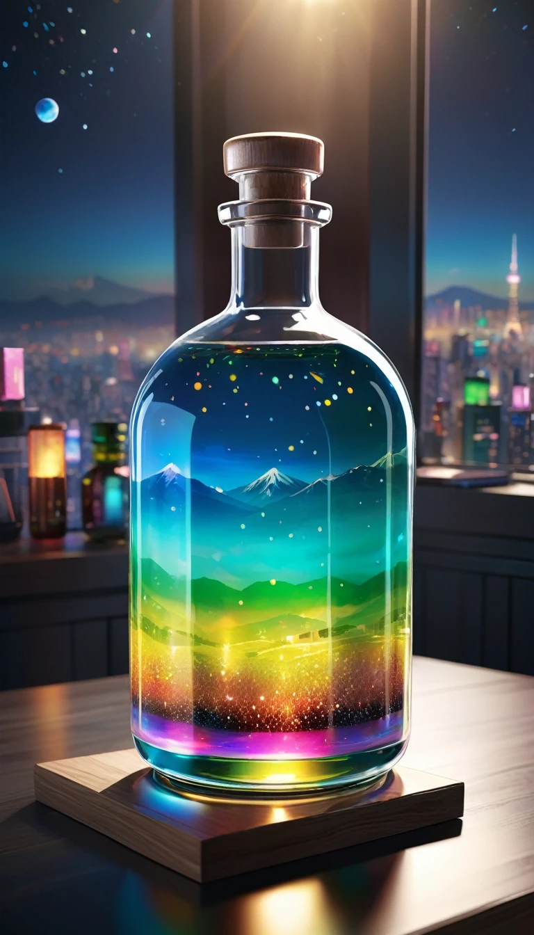 (masterpiece, Highest quality, Very detailed:1.2, Realistic, super photoRealistic, Realistic illustration, 8k), Professional Color Grading, Sharp focus, Professional Lighting, Depth of written boundary, ((landscape)), ((Science fiction movies)), ((Concept Art)) Bottle close-up, A rainbow-coloured world in a bottle、Glitter and shine、City in a glass bottle, filling glass bottle with the sparkling 星が輝く夜 and city, filling glass bottle with the 日没 view, Many glass bottles on the shelf, The shelves are kept in the house, 16K, Ultra-high resolution, Ultra-high resolution, to be born,wonderful ,future、Iridescent、The world 30 years from now。