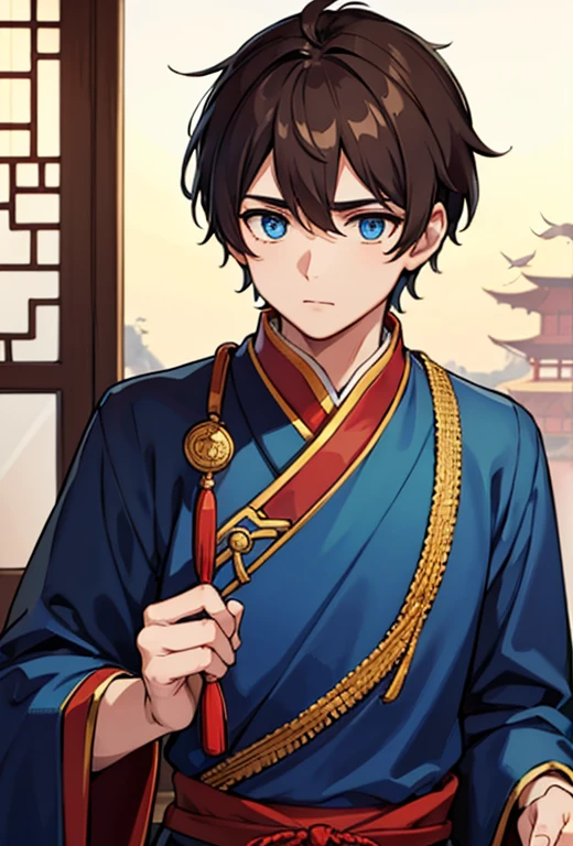 1 boy, dark brown hair, blue eyes, fine feathers on his head, Chinese clothing.