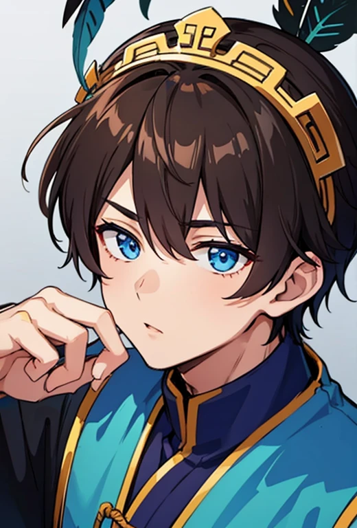 1 boy, dark brown hair, blue eyes, fine feathers on his head, Chinese clothing.