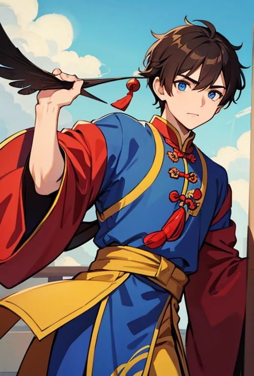 1 boy, dark brown hair, blue eyes, fine feathers on his head, Chinese clothing.
