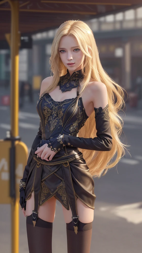 A beautiful skinny girl, long blond hair, standing alone and smiling on a bus station, in a sexy pose with her hands behind her back, wearing stockings and garterbelt, (best quality, 4k, 8k, highres, masterpiece:1.2), ultra-detailed,(realistic, photorealistic, photo-realistic:1.37), beautiful detailed eyes, extremely detailed face and eyes, long legs, intricate details, elegant, vibrant colors, soft lighting