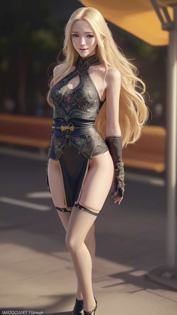 A beautiful skinny girl, long blond hair, standing alone and smiling on a bus station, in a sexy pose with her hands behind her back, wearing stockings and garterbelt, (best quality, 4k, 8k, highres, masterpiece:1.2), ultra-detailed,(realistic, photorealistic, photo-realistic:1.37), beautiful detailed eyes, extremely detailed face and eyes, long legs, intricate details, elegant, vibrant colors, soft lighting