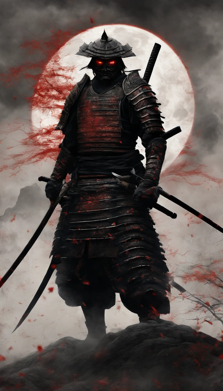 (best quality,4k,8k,highres,masterpiece:1.2),ultra-detailed,realistic:1.37,a samurai in the Sengoku period of Japan,wearing complete samurai armor,black samurai mask,the intense sense of oppression,glowing red eyes