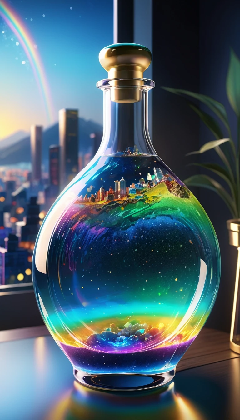 (masterpiece, Highest quality, Very detailed:1.2, Realistic, super photoRealistic, Realistic illustration, 8k), Professional Color Grading, Sharp focus, Professional Lighting, Depth of written boundary, ((landscape)), ((Science fiction movies)), ((Concept Art)) Bottle close-up, A rainbow-coloured world in a bottle、Glitter and shine、City in a glass bottle, filling glass bottle with the sparkling 星が輝く夜 and city, filling glass bottle with the 日没 view, Many glass bottles on the shelf, The shelves are kept in the house, 16K, Ultra-high resolution, Ultra-high resolution, to be born,wonderful ,future、Iridescent、The world 30 years from now。