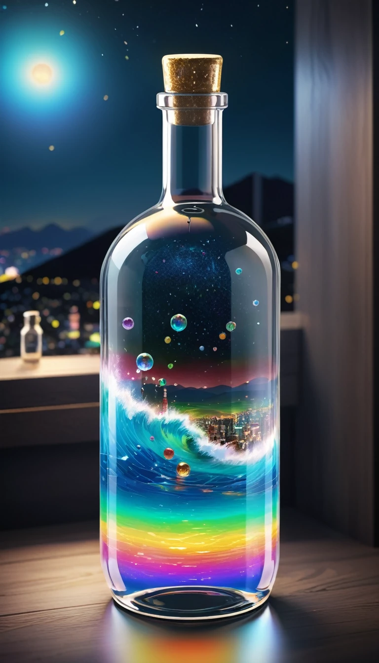 (masterpiece, Highest quality, Very detailed:1.2, Realistic, super photoRealistic, Realistic illustration, 8k), Professional Color Grading, Sharp focus, Professional Lighting, Depth of written boundary, ((landscape)), ((Science fiction movies)), ((Concept Art)) Bottle close-up, A rainbow-coloured world in a bottle、Glitter and shine、City in a glass bottle, filling glass bottle with the sparkling 星が輝く夜 and city, filling glass bottle with the 日没 view, Many glass bottles on the shelf, The shelves are kept in the house, 16K, Ultra-high resolution, Ultra-high resolution, to be born,wonderful ,future、Iridescent、The world 30 years from now。