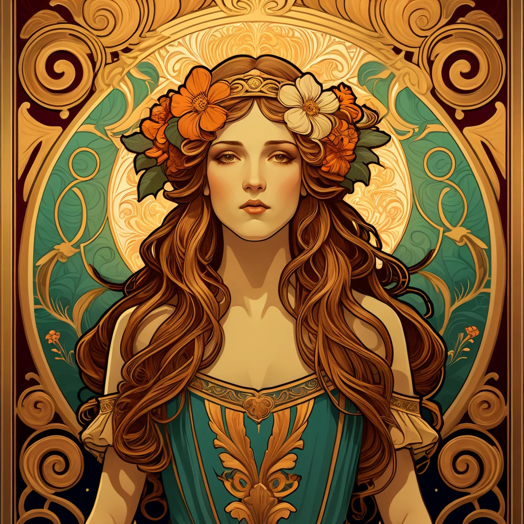 old (Masterpiece, Best Quality, Highres:1.2) Art Nouveau Style Beautiful Woman with Long Hair Shaped as Flowers in the Style of Alphonse Mucha, portrait of a beautiful cute, very beautiful, standing artistically, realistic natural, professional light distribution, very artistic lighting gradation, artistic detail, highly detailed, centered, Nymph-pattern vintage wallpaper with dramatic backlighting casting deep shadows, featuring a meticulously crafted illustration inspired by Dan Mumford and Alphonse Mucha, hyper-realistic and photorealistic textures, extremely detailed with intricate floral and foliage elements, octane rendered in 8K (extremely detailed 8k wallpaper), Golden ratio, hidden ancient Greek symbols (, Spiral), balanced design, color harmony, Vernis Martin, golden, ancient mythology, artistically twisted edges, reminiscent of old-world craftsmanship with a contemporary edge, volumetric lighting, ultra fine details