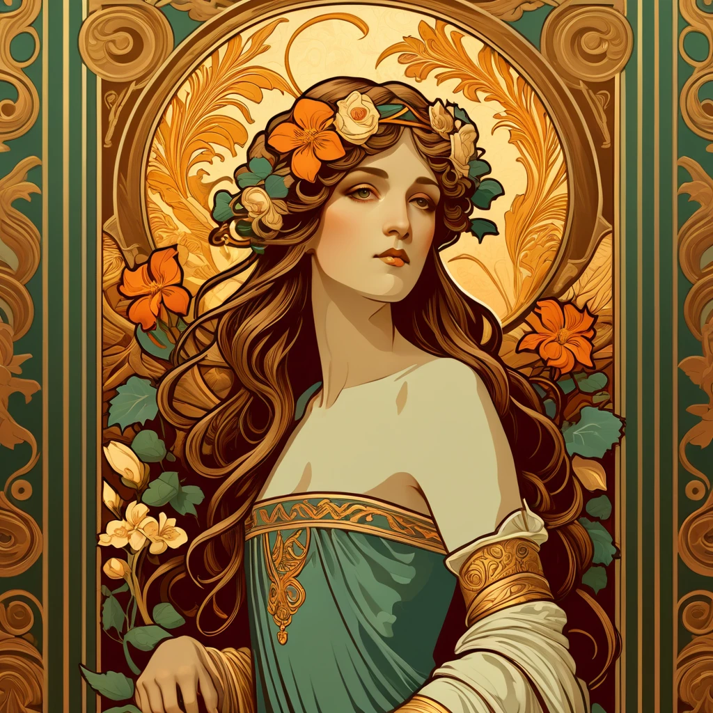 old (Masterpiece, Best Quality, Highres:1.2) Art Nouveau Style Beautiful Woman with Long Hair Shaped as Flowers in the Style of Alphonse Mucha, portrait of a beautiful cute, very beautiful, standing artistically, realistic natural, professional light distribution, very artistic lighting gradation, artistic detail, highly detailed, centered, Nymph-pattern vintage wallpaper with dramatic backlighting casting deep shadows, featuring a meticulously crafted illustration inspired by Dan Mumford and Alphonse Mucha, hyper-realistic and photorealistic textures, extremely detailed with intricate floral and foliage elements, octane rendered in 8K (extremely detailed 8k wallpaper), Golden ratio, hidden ancient Greek symbols (, Spiral), balanced design, color harmony, Vernis Martin, golden, ancient mythology, artistically twisted edges, reminiscent of old-world craftsmanship with a contemporary edge, volumetric lighting, ultra fine details
