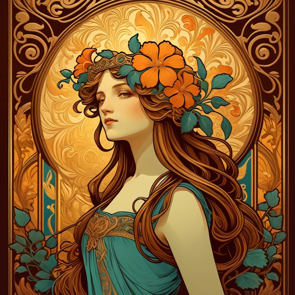 old (Masterpiece, Best Quality, Highres:1.2) Art Nouveau Style Beautiful Woman with Long Hair Shaped as Flowers in the Style of Alphonse Mucha, portrait of a beautiful cute, very beautiful, standing artistically, realistic natural, professional light distribution, very artistic lighting gradation, artistic detail, highly detailed, centered, Nymph-pattern vintage wallpaper with dramatic backlighting casting deep shadows, featuring a meticulously crafted illustration inspired by Dan Mumford and Alphonse Mucha, hyper-realistic and photorealistic textures, extremely detailed with intricate floral and foliage elements, octane rendered in 8K (extremely detailed 8k wallpaper), Golden ratio, hidden ancient Greek symbols (, Spiral), balanced design, color harmony, Vernis Martin, golden, ancient mythology, artistically twisted edges, reminiscent of old-world craftsmanship with a contemporary edge, volumetric lighting, ultra fine details
