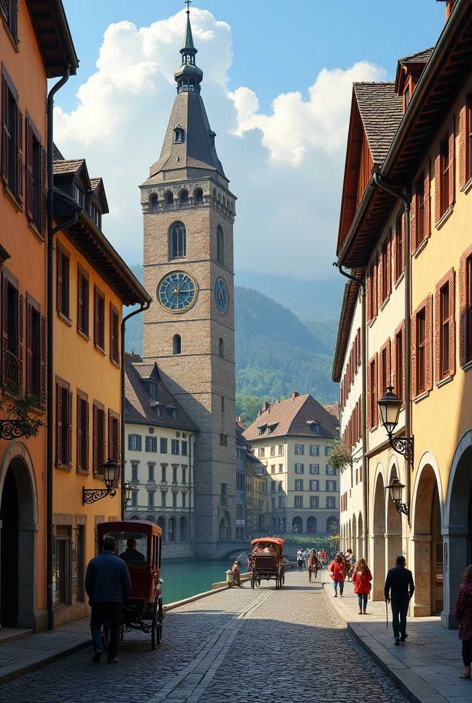 Here is a photo of Bern, the capital of Switzerland, showing the historic old town with its famous landmarks such as the Sieglogge clock tower. (Zytglogge) and cobblestone streets. 