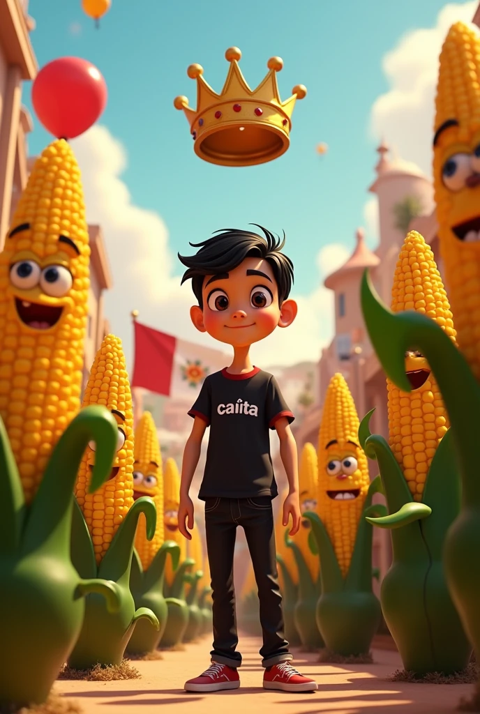 Pixar image , A boy with a black t-shirt, a red top and black pants on his side with lots of corn cobs with feet and hands and a face with eyes with his king&#39;s crown behind him with the Peruvian flag at a party, everyone in their t-shirts saying &quot;cañita&quot; 