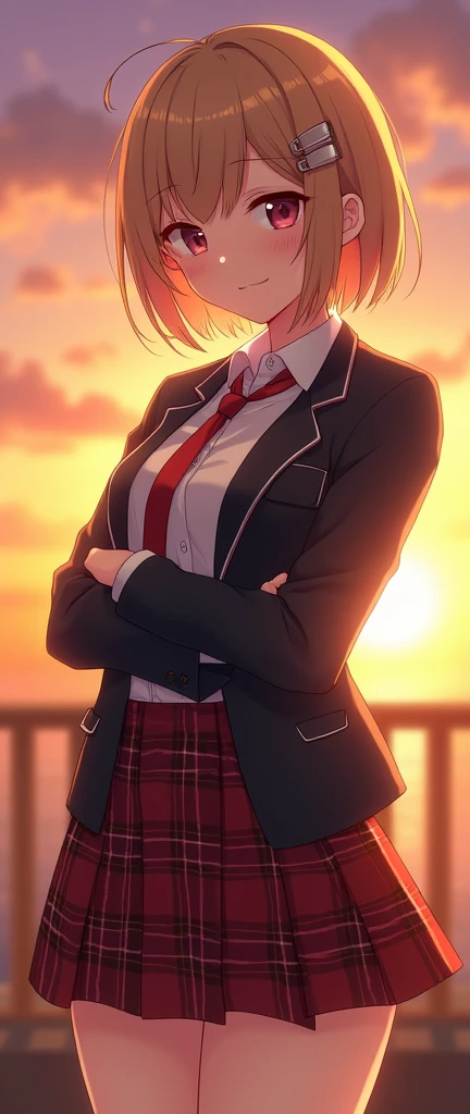one girl, anime girl, cool, noble, jacket, plaid skirt, necktie, hair clip, proudly, slender, sunset, beautiful, boyish, short hair, delicate fingers