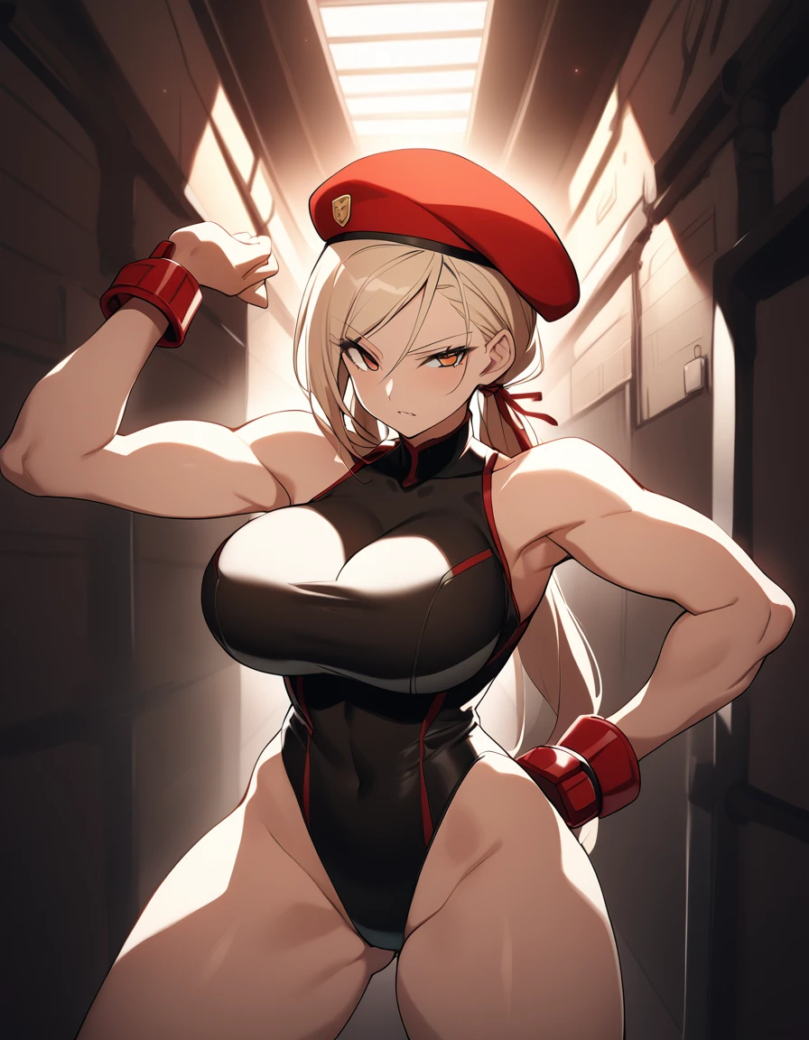 score_9, score_8_up, score_7_up, score_6_up, score_5_up, score_4_up, source_anime, medium shot, Street fighter Cammy white, red beret, leotard outfit, big breasts、sexy pose, anime big eye), gorgeous Cammy White female, beautiful eyes, seductive ,intense gaze,seductive expression,soft lighting,hentai, safe