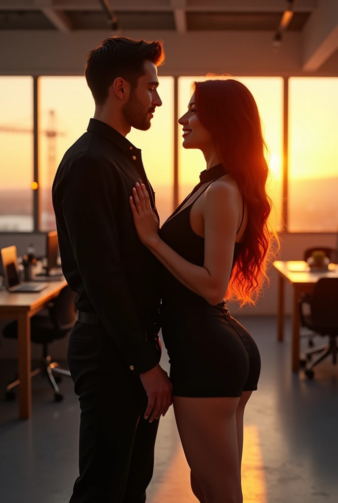photo. look at the camera/ front view. real photo of a girl next door with long red hair (ultra realistic 1.4k) , model girl with juicy figure and big breasts, Black uniform with tie, sexy top . A men near to the girl in a black uniform, black pantaloon. .In the background a loft office on the sunset. (movie image) realistic photo. ultra-realistic, photography, photo RAW,