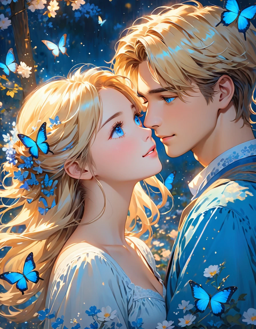 The image depicts an illustration of two animated characters, a young man and a young woman, in a close and intimate moment. The young man has short, tousled hair and is looking downwards with a gentle expression. The young woman, with long, flowing blonde hair and strikingly bright blue eyes, is gazing up at him adoringly. She has a blue butterfly perched on her hair, adding a touch of whimsy to the scene. The background features soft, glowing light and blurred elements, giving the image a dreamy and romantic atmosphere. The characters are highly detailed, with a focus on their facial expressions and the tender mood between them.