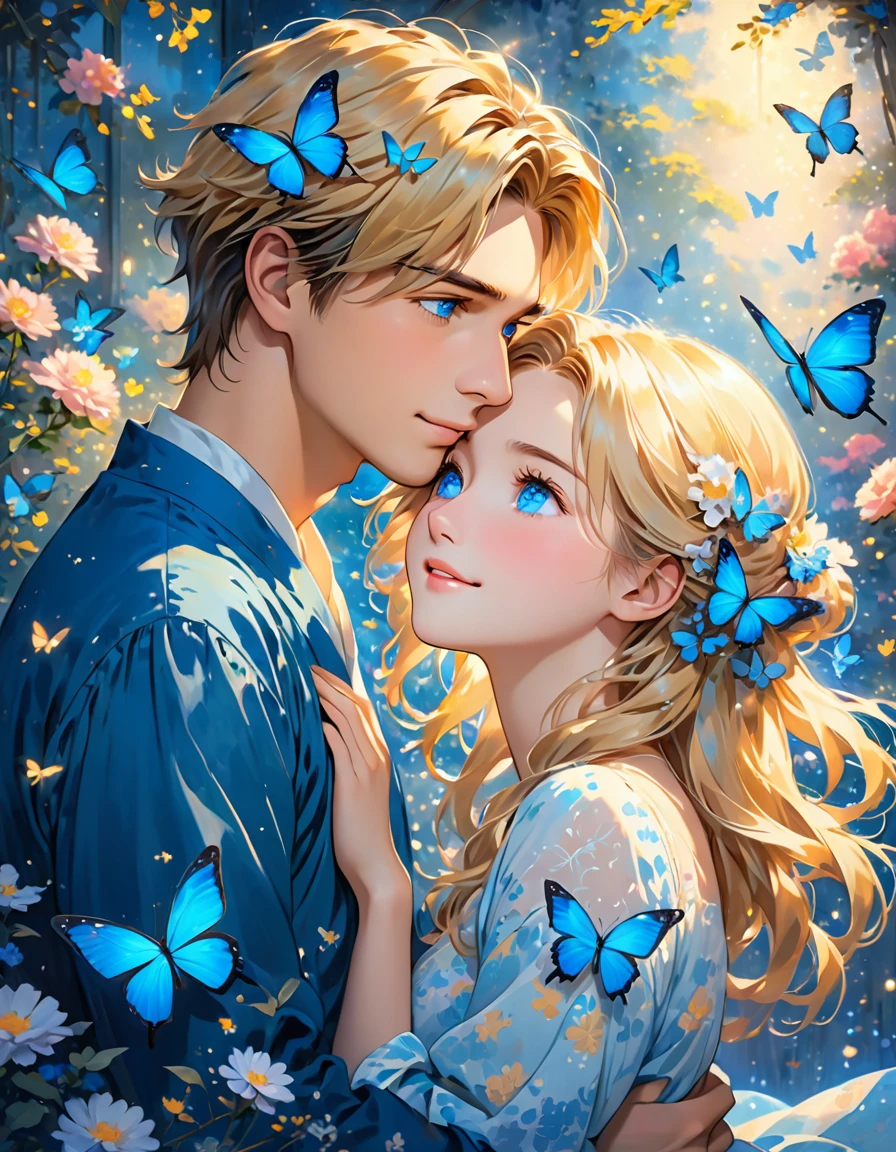 The image depicts an illustration of two animated characters, a young man and a young woman, in a close and intimate moment. The young man has short, tousled hair and is looking downwards with a gentle expression. The young woman, with long, flowing blonde hair and strikingly bright blue eyes, is gazing up at him adoringly. She has a blue butterfly perched on her hair, adding a touch of whimsy to the scene. The background features soft, glowing light and blurred elements, giving the image a dreamy and romantic atmosphere. The characters are highly detailed, with a focus on their facial expressions and the tender mood between them.