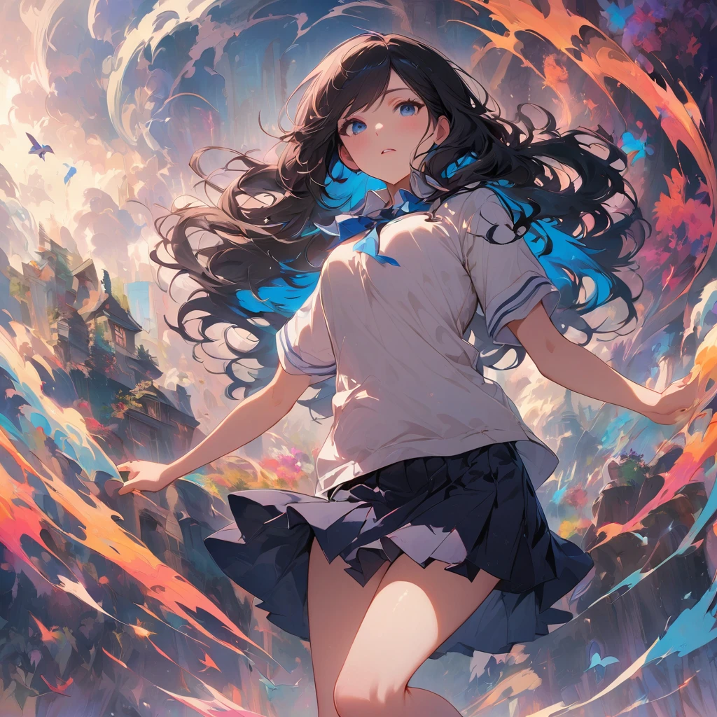 cute girl in school uniform ,stand by, legs ,hands,light background
