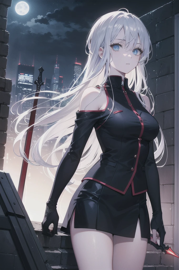 ((masterpiece)), ((best quality)), ((best illustration)), ((ultra-detailed)),((photorealistic color)), 1 lady, solo, teenager, absurdly long hair, silver hair, straight hair, ((blue eyes)), ((hyper detailed eyes)), ((hyper detailed face)), gloomy face, ((holding cybernetic spear)), lonely, looking at viewer, business suit, off shoulder, sleeveless, ((miniskirt)), bare legs, thin body, thin arms, long arms, standing, cowboy shot, side view, rooftop, skyline, urban, night, moonlight, backlight
