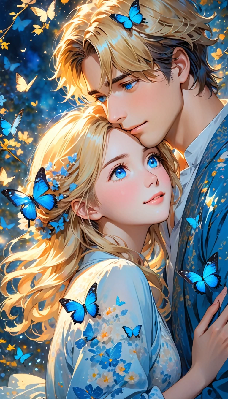 The image depicts an illustration of two animated characters, a young man and a young woman, in a close and intimate moment. The young man has short, tousled hair and is looking downwards with a gentle expression. The young woman, with long, flowing blonde hair and strikingly bright blue eyes, is gazing up at him adoringly. She has a blue butterfly perched on her hair, adding a touch of whimsy to the scene. The background features soft, glowing light and blurred elements, giving the image a dreamy and romantic atmosphere. The characters are highly detailed, with a focus on their facial expressions and the tender mood between them.