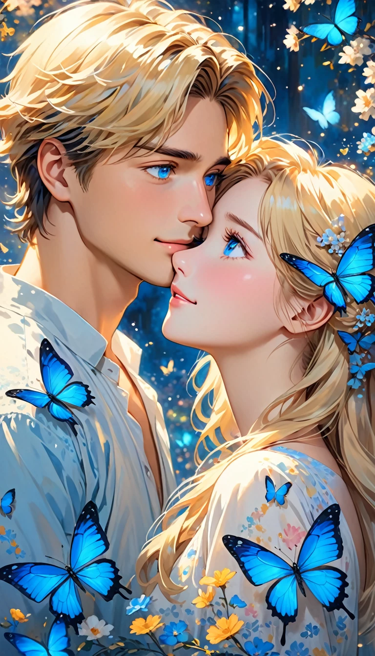 The image depicts an illustration of two animated characters, a young man and a young woman, in a close and intimate moment. The young man has short, tousled hair and is looking downwards with a gentle expression. The young woman, with long, flowing blonde hair and strikingly bright blue eyes, is gazing up at him adoringly. She has a blue butterfly perched on her hair, adding a touch of whimsy to the scene. The background features soft, glowing light and blurred elements, giving the image a dreamy and romantic atmosphere. The characters are highly detailed, with a focus on their facial expressions and the tender mood between them.