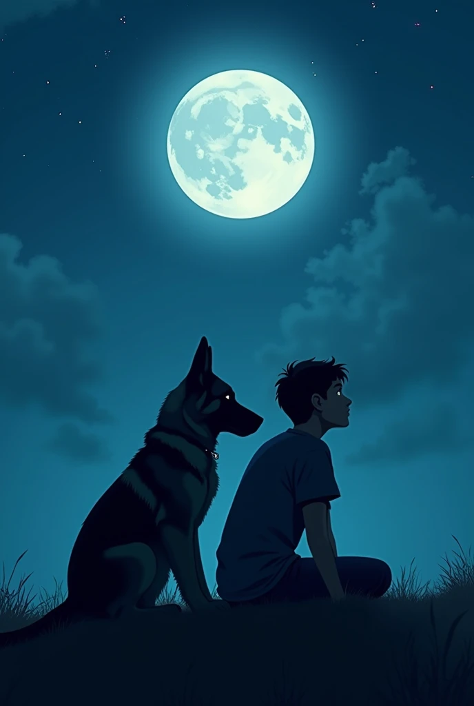 A age boy with his german shepherd dog sitting alone watching moon