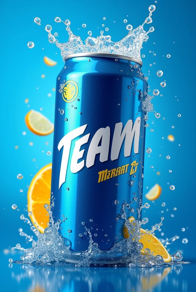 Drink can design can colour blue and pirnt design colour white and yellow and can name teem and background PNG