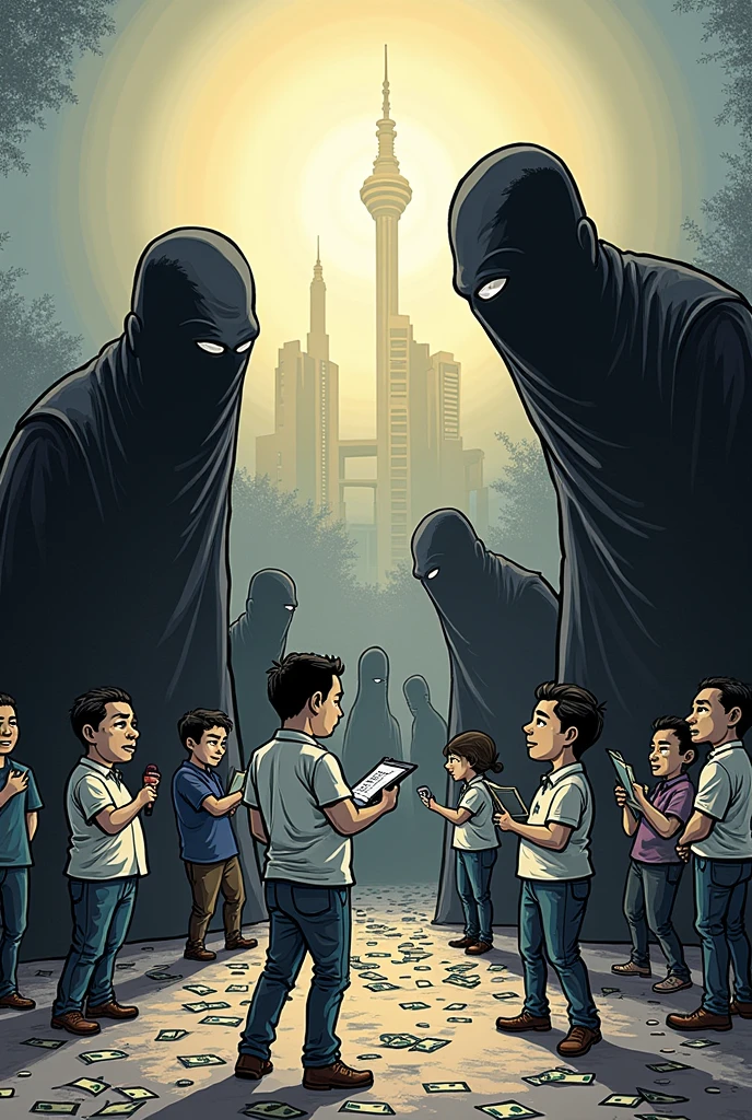 make me a political cartoon were in it shows the situation of the Philippine Media were in journalists are not publishing pure facts and are silenced by powerful people when money is involved, in landscape orientation 