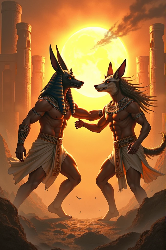 The Egyptian god Ra in the midst of battle against the Egyptian god Anubis, both bare-chested and muscular, wearing traditional Egyptian headdresses.