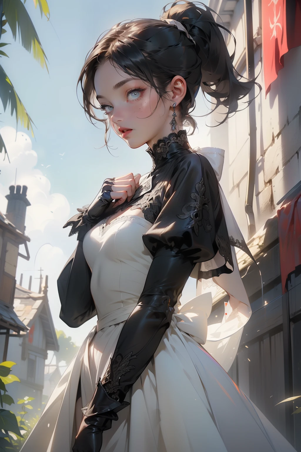 (((masterpiece, of the highest quality, super detailed))), (digital art), (a witch belonging to an occult order of knights), (a knight crossed with a witch), Victorian era inspired, ((minimal but intricate beautiful armour)), (Fluttering lace flared dress with frilly petticoats), ((Bloodbourne inspired)), ((Bloodbourne crossed with nier automata)), (big forhead:1.2), (((dark hair, ponytail, thick ponytail, heavy ponytail))), (((Very sharp focused eyes))), ((small breasts)), very long eyelashes, occult aesthetic, (red and white clothing detailed and intricate steampunk and detailed gothic), (with a hood), complex lace boots,