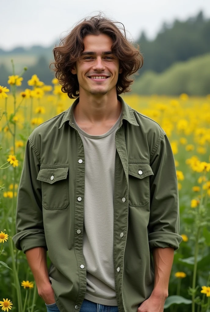 A handsome young man with long curly hair in a beautiful green flowery farm setting.
