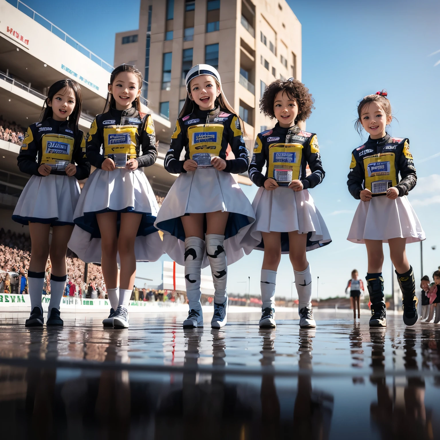 SFW,  ExtremelyDetailed (((Race Queen Kids Group in a row:1.4))), Childish perfect face, Reflective Eyes, Detailed(Delicate Clothing textures), Corrected Leg to Foot Line, Corrected Perfect Hand, Dynamic Joyful Expressions LifeLike Rendering, ((Specular Reflection:1.11)), TopQuality 8K Ultra-detailed masterpiece (ProfessionalPhoto:1.37)(Acutance:0.8),(Luminism:1.22),