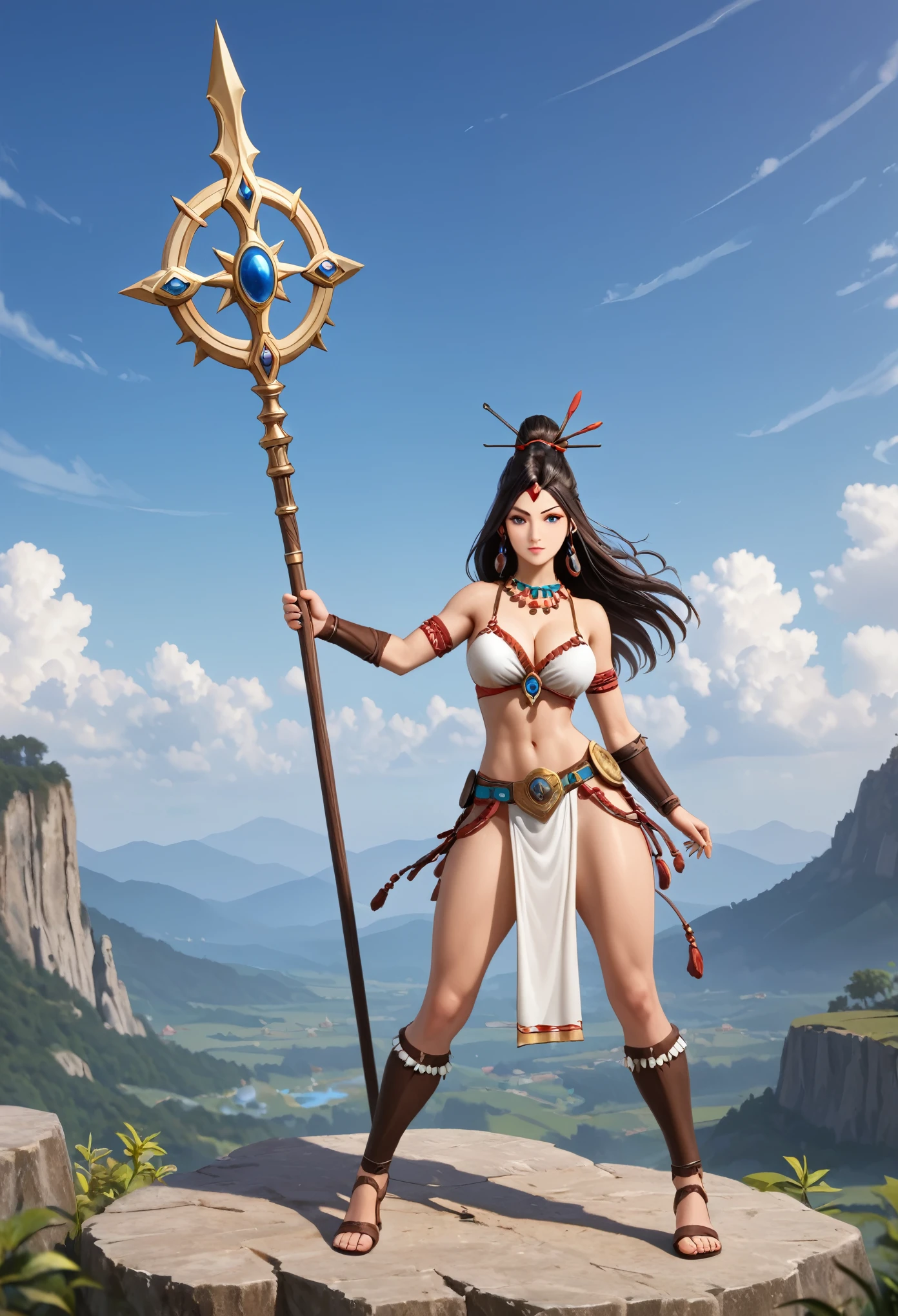(((masterpiece, Best quality, high detail, 8 K))) Develop a layout of a game character's showcase, (masterpiece, Best quality) detailed, ((masterpiece)),(((Best quality))), character design, The main character in the Scandinavian Nordic theme. shaman, woman. interesting weapon, next to the character is a guardian spirit, shaman, unusual staff, dynamic pose, Details of the image. Interesting, full length, персонаж shaman, дух рядом с shamanом