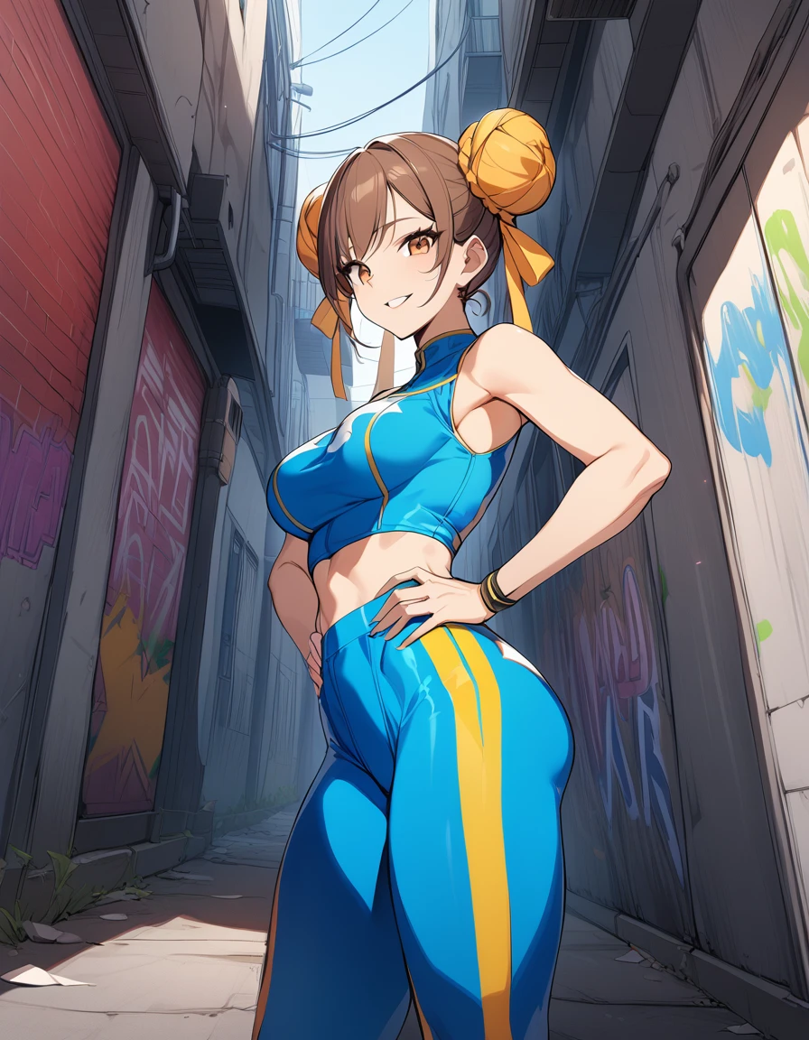 score_9, score_8_up, score_7_up, score_6_up, source_cartoon, BREAK masterpiece. CHUNLIAL, brown eyes, double bun, yellow ribbon, blue bodysuit, crop top, sleeveless, breasts, hand on own hip, looking at viewer, smile, parted lips,below view, smile, parted lips, alleyway, concrete wall, graffiti,
