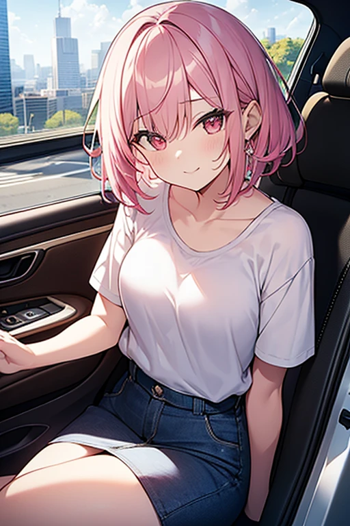 A girl sitting in the luxurious car with a smile and wink eyes, her cheeks are chubby, her hair is pink colorful, colorful eyes use black sun glasses. holding a glass of wine