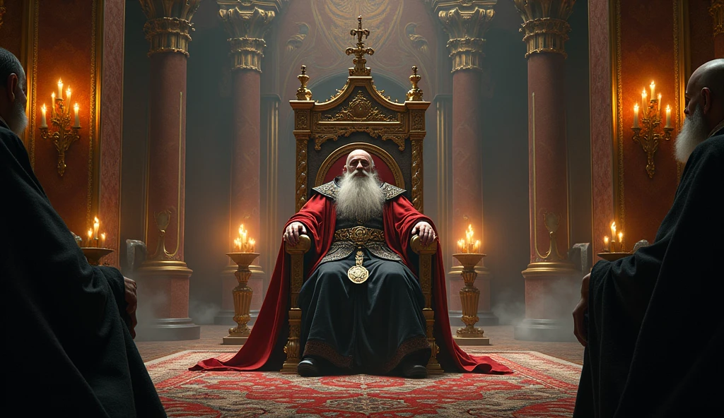 An ancient grand palace where a majestic king is seated on a throne, surrounded by opulent decorations. Beside him stands an elderly sorcerer with a long beard, requesting a clever boy from the king to teach the art of magic. The ambiance is mysterious with dim lighting and an air of intrigue."