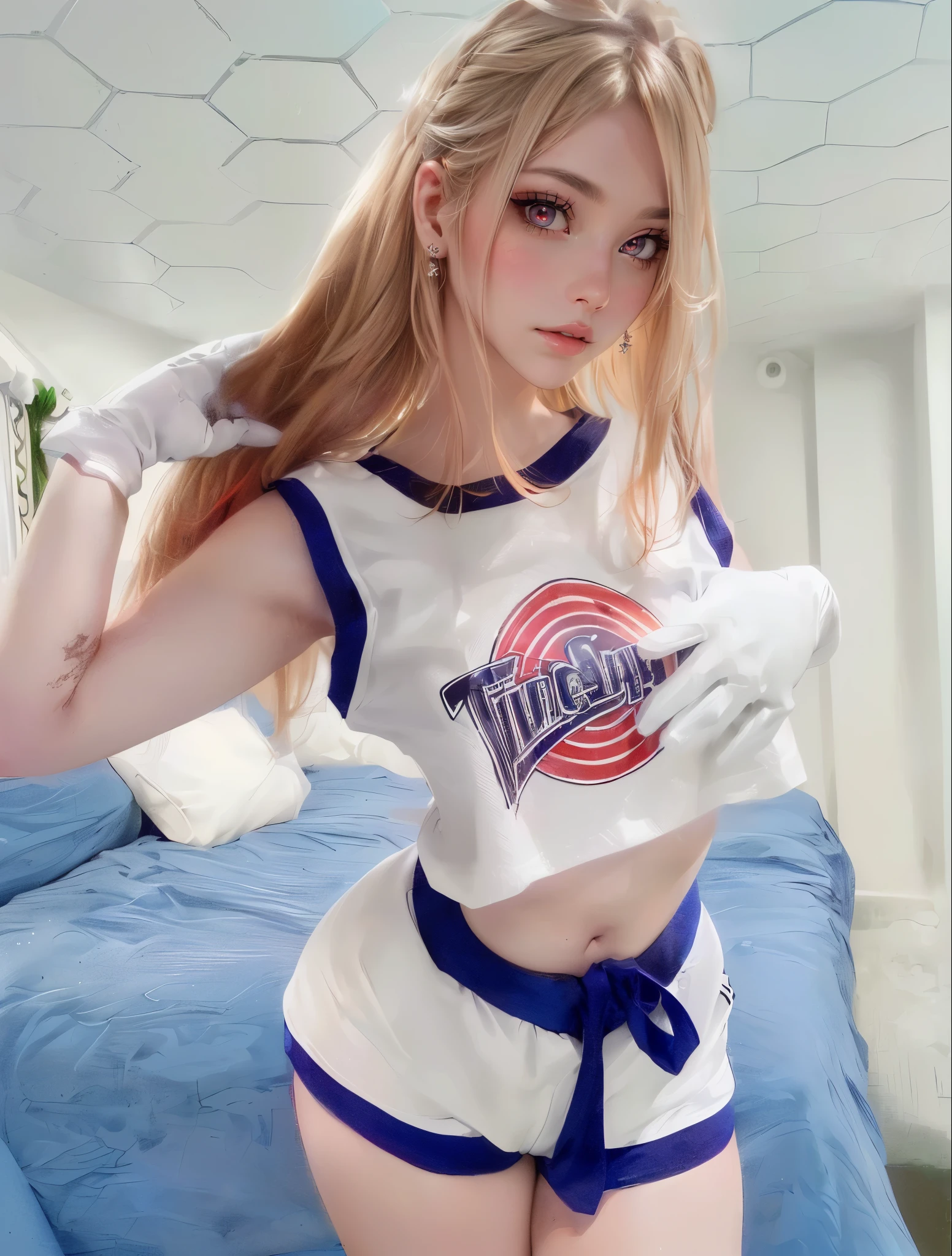 (1 lady), (Best quality at best:1.4), (ultra - detailed), (extremely detailed CG unified 16k), A Beautiful Woman with Perfect Figure: 1.4, Sharp Focus: 1.2, very detailed, High-definition RAW color photo, professional photoshooting, amazing face and eyes, cosmetics, (amazingly beautiful girl), ((lola bunny cosplay)), standing, sexyposture,(Stylish apartment room), realistic cinematic face, ((realistic natural orange red blonde hair style, red eyes:1.2, short hair)), gorgeous, extremely beautiful face, perfect model beauty, Highly Detailed Face and Skin Texture, Detailed Eyes, Double Eyelids, (masterpiece), best quality, high resolution, extremely detailed, blurred background, depth of field, cinematic lighting, amazing legs, high heels, clear and well-cared skin, athletic, (big proportions body, a bit fat), looking at viewer, white gloves:1.2, nice hands:1.2