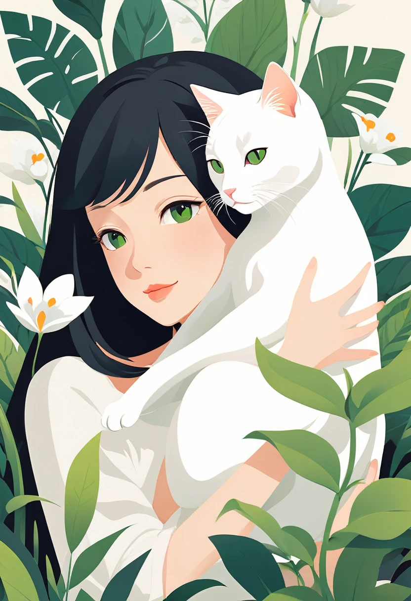 Perfect anatomy cute girl hugging white cute cat on background of flowers and green plants (close up) Flat style vector art, Flat vector art uses simplicity in vector art、Pure expression,Highlight simplicity and clarity of form,Bring simplicity and modernity to your work. Vivid depiction. Perfect artistic design. Accurate and perfect anatomy.