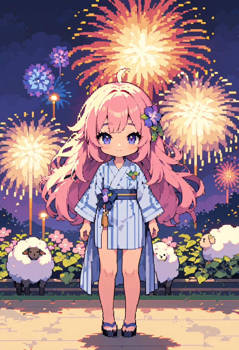 masterpiece, Highest quality, 8k, Pixel art, Pixel art, Vivid, Sheep, woman, 若いwoman, cute, Directed at an angle, Fluffy hair, Long Hair, Hair like sheep's hair, Pink Hair, eyebrow, 太いeyebrow, A yukata with a morning glory pattern, Fireworks display, Fireworks are going off, Large-flowered fireworks, night