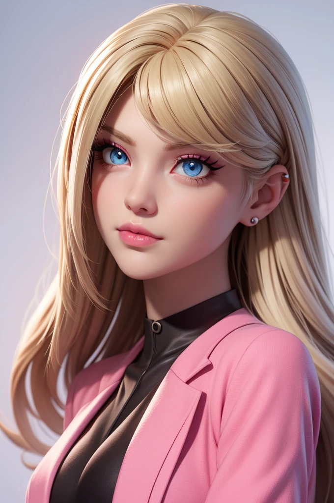 masterpiece, best quality,3d rending work,3DMM style, close-up, portrait, 3D,1girl, solo, perfect face, long hair, academy blue school uniform , long light blonde hair dyed with tint of pink color and with cute fluffy bangs well styled, hair dyed with pink color, detailed light blue eyes highlight light reflecting in her eyes, looking straight to the viewer, realistic, upper body, white background, colorful lighting, lips, edgy makeup, black shade of makeup on eyelids, ear piercing, fair skin, perfect hourglass body, she has sharp jawline, photo card, The artwork should have the best quality, with ultra-detailed and realistic features. The color palette should be vivid, and the lighting should emphasize the character's facial structure and expression.