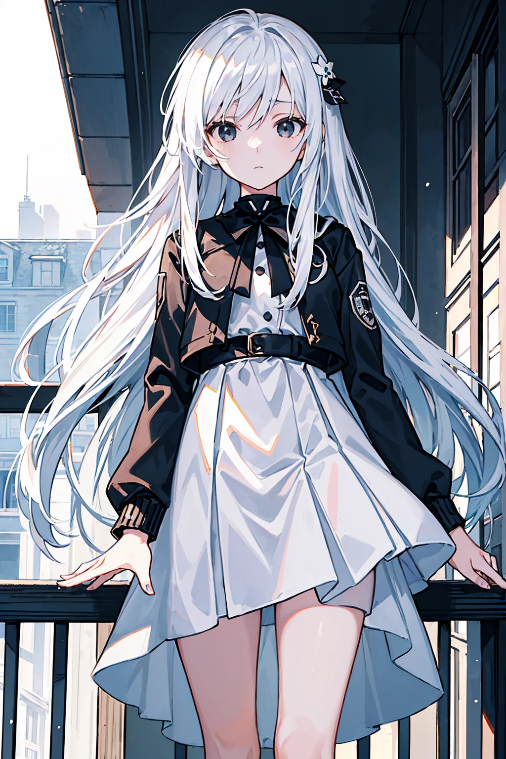 close-up, masterpiece, best quality, high details, (((a girl))), ((white long hair:1.2)), (black eyes:1.3), closed mouth, expressionless, Anime girl wearing Black jacket, white dress, Standing on the balcony